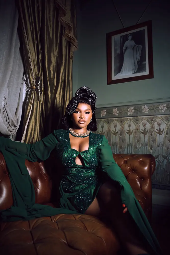 Emerald gown studio portrait